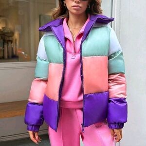 Women Pocket Multicolor Casual Puffer Winter Coat